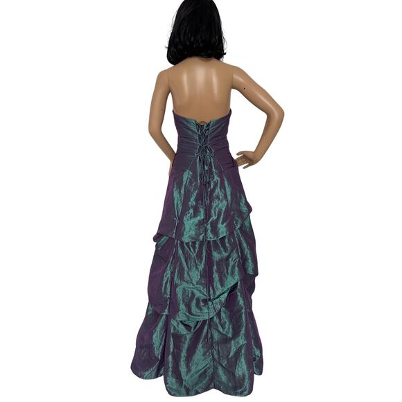 Vintage 80's F.I.E.S.T.A. iridescent teal taffeta draping strapless gown Medium - Picture 3 of 16